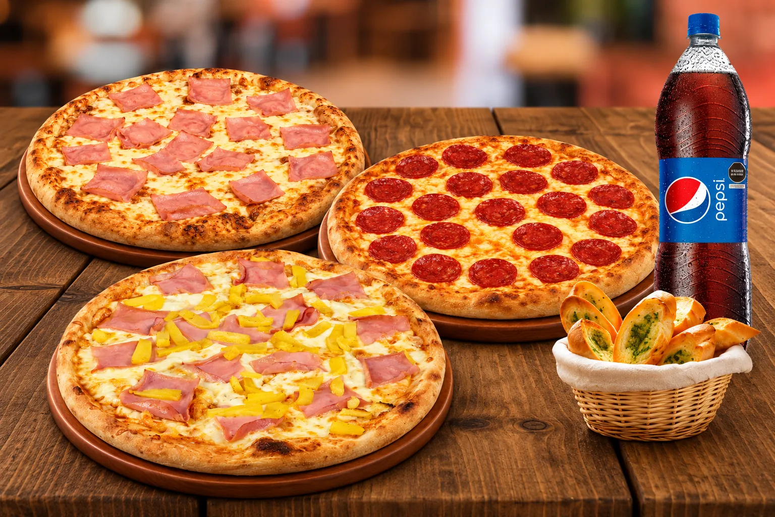 Trío Perfecto: Americana, Pepperoni, Hawaiana, pan al ajo y Pepsi.