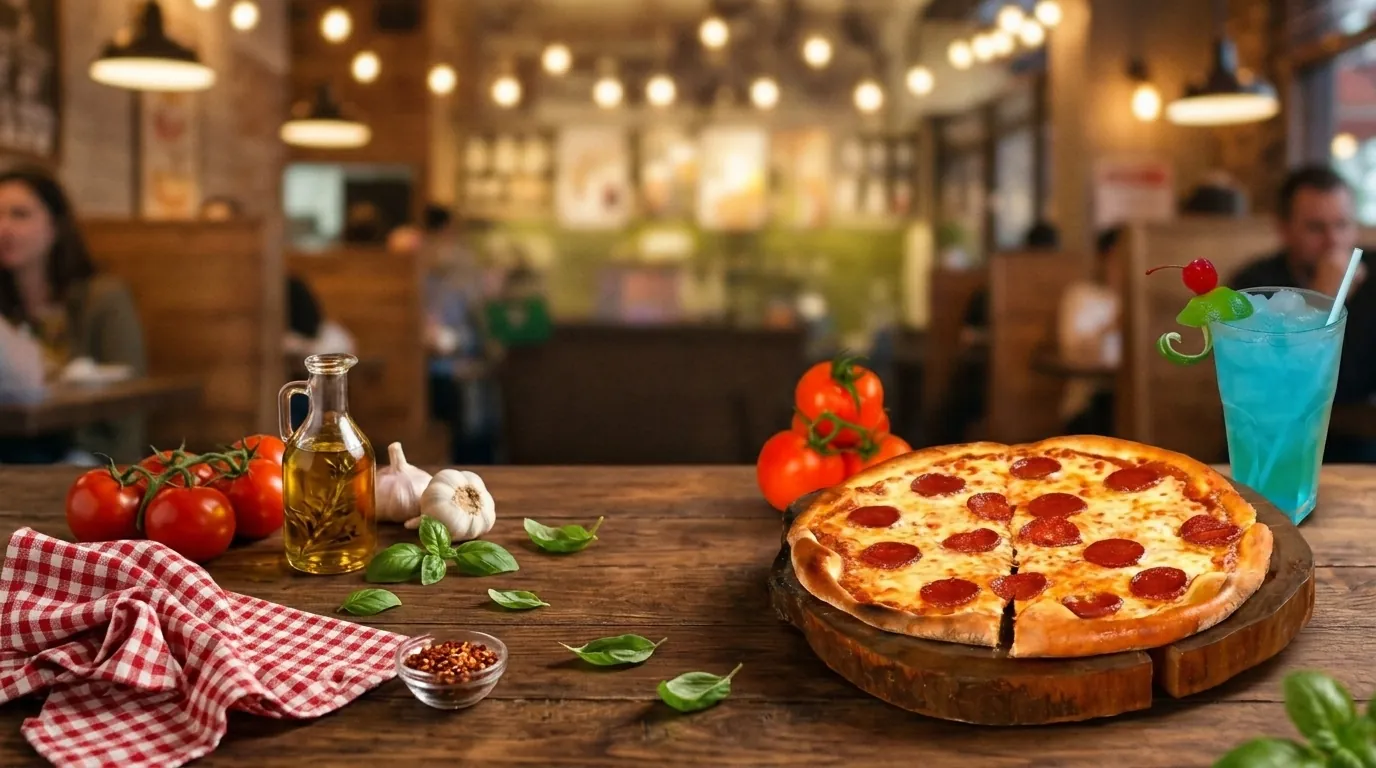 Pizza de pepperoni en una mesa, con ingredientes y una bebida.